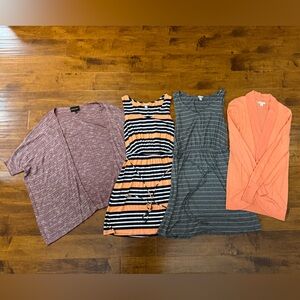Small sleeveless dresses, 1 long sleeve coral sweater, 1 short sleeve sweater